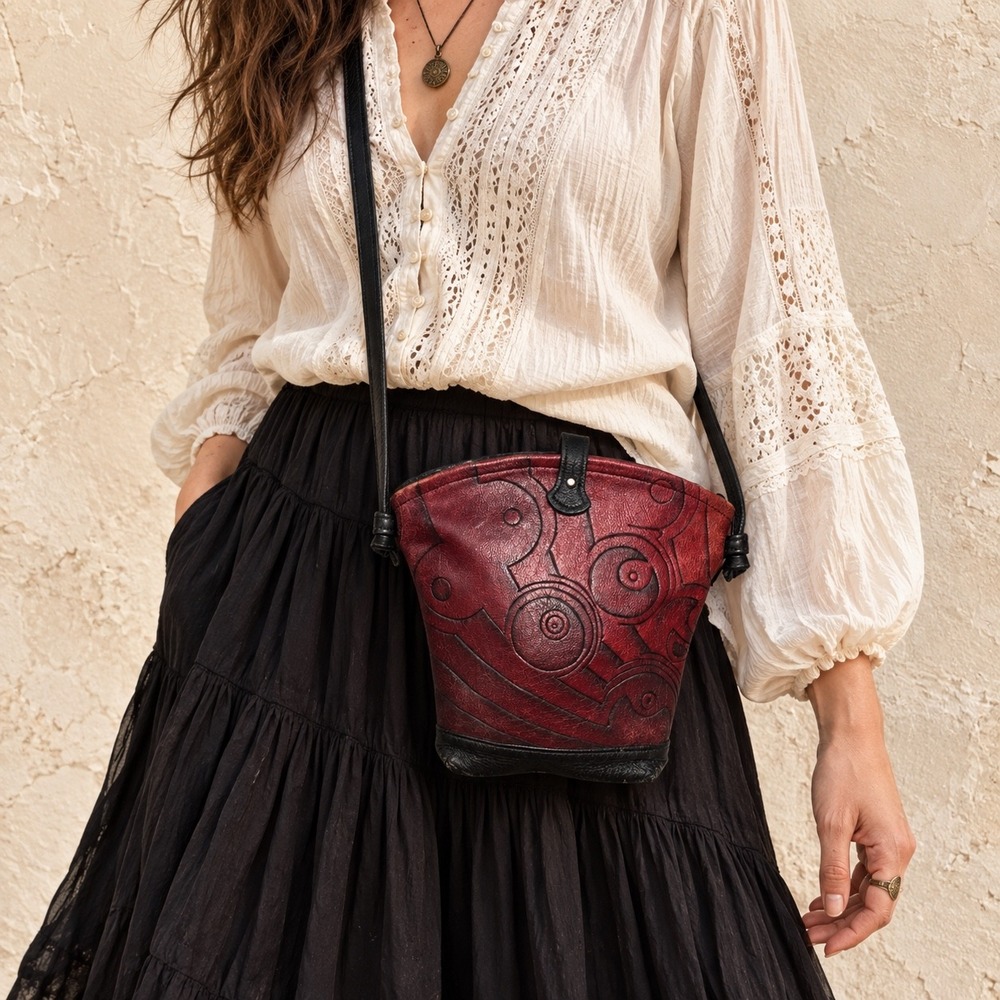 Thomas Leathers Burgundy Black Spiral Leather Crossbody Bag Artsy Whimsigoth